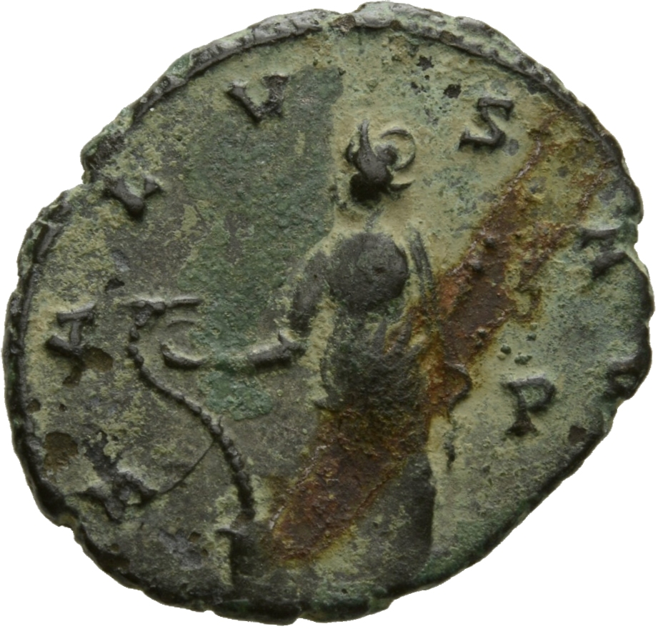 Gallienus reverse — Salus, draped, standing left, feeding out of patera in right hand serpent rising from altar and holding sceptre in left hand