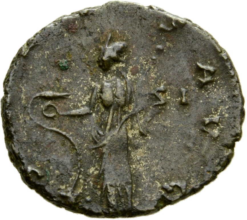 Gallienus reverse — Salus, draped, standing left, feeding out of patera in right hand serpent rising from altar and holding sceptre in left hand
