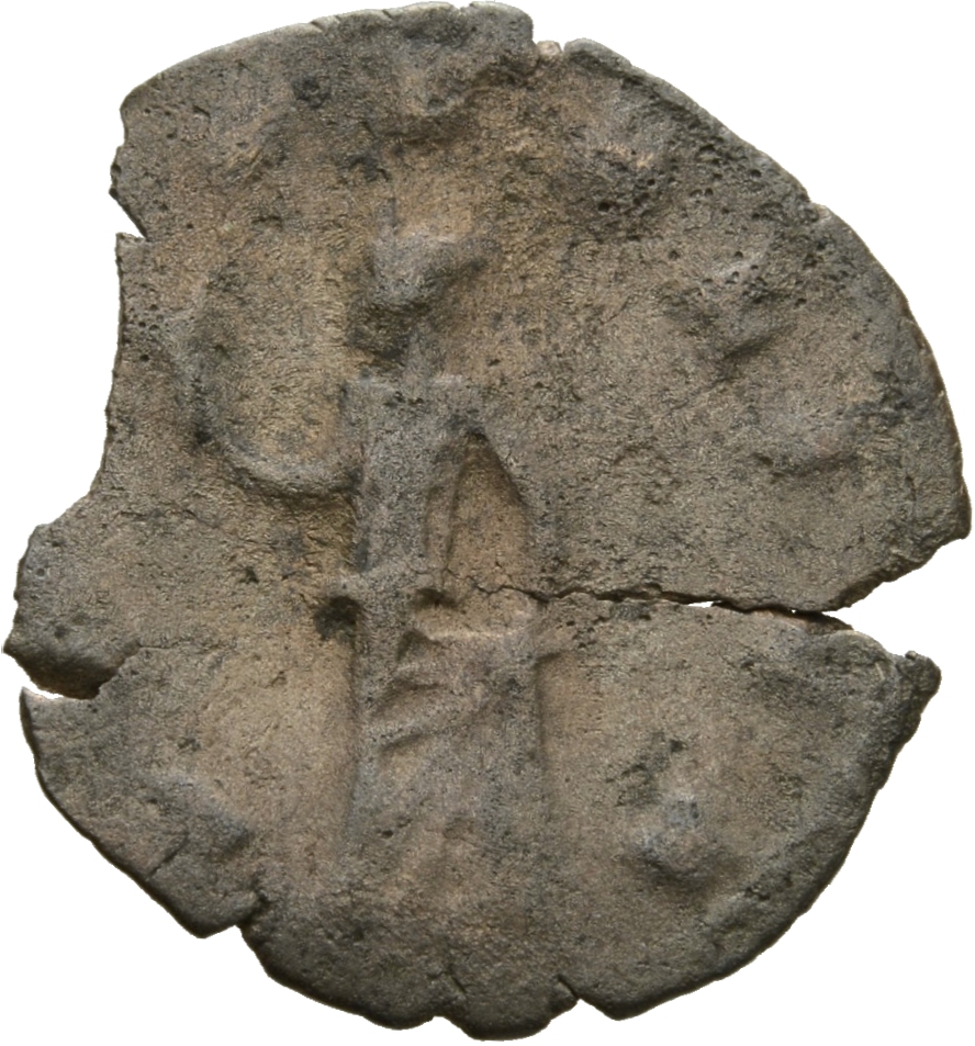 Gallienus reverse — Spes, draped, walking right or left, holding flower in right hand and raising robe with left hand