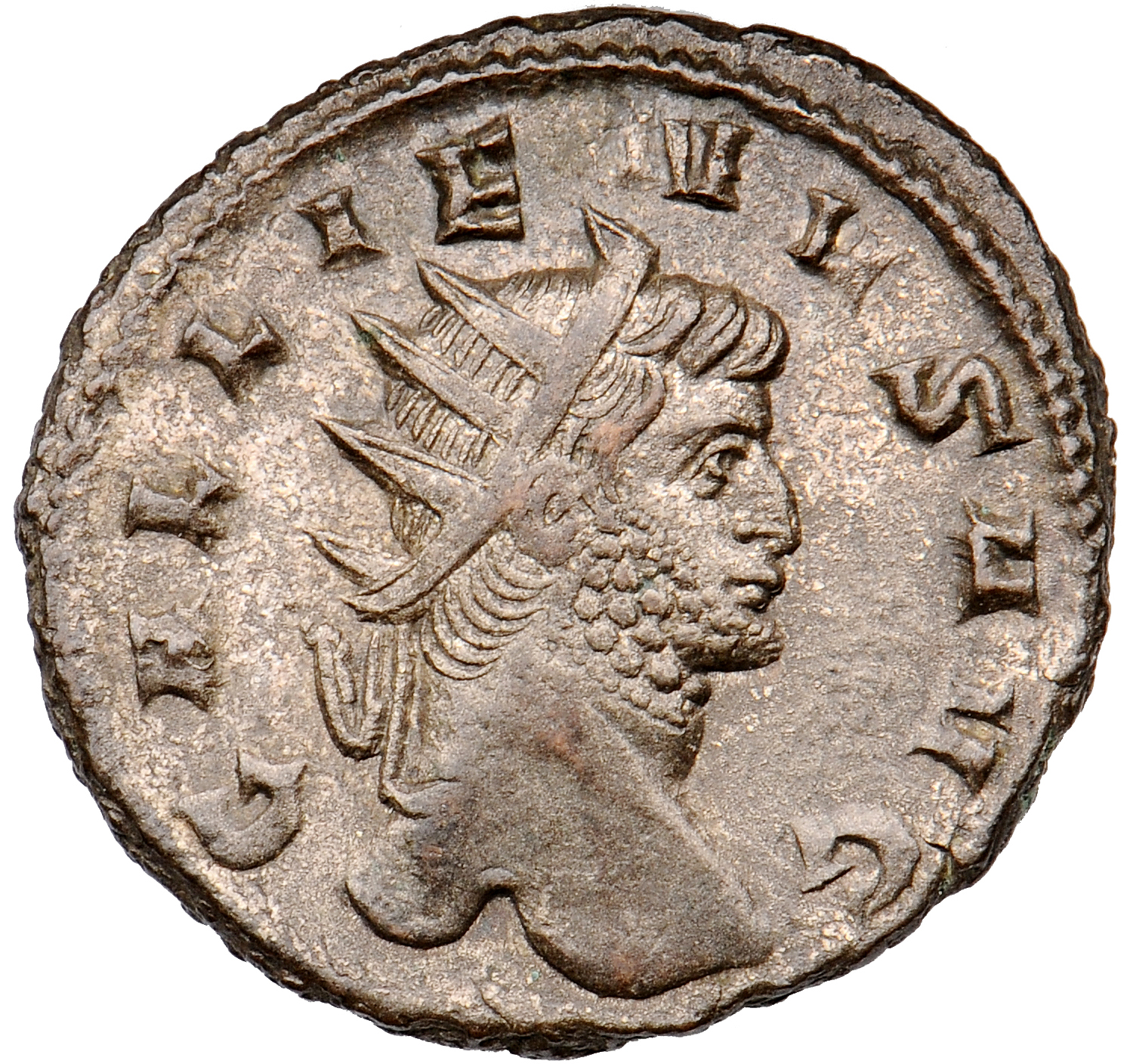 RIC V Gallienus 585 Gallienus obverse, Kopf/nackte Büste des Gallienus n. r., mit Strahlenkrone.