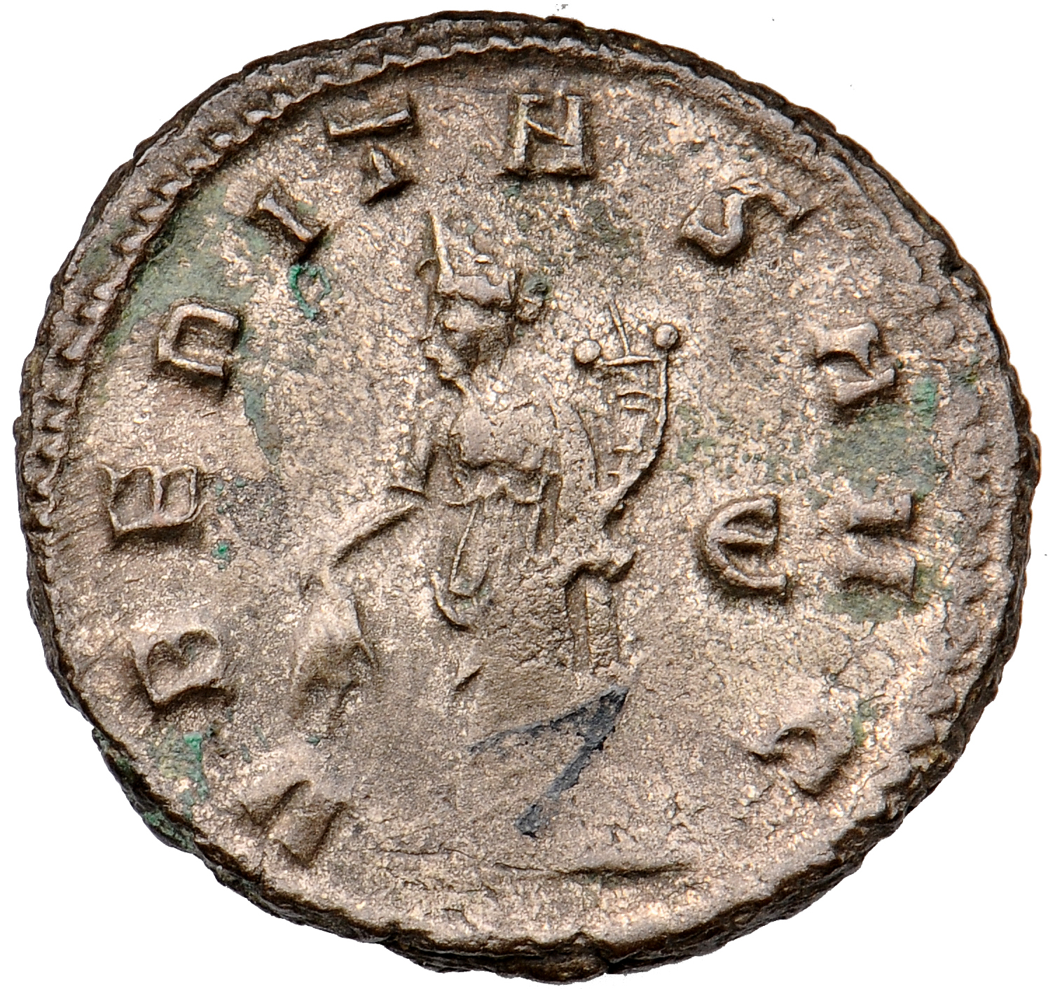 RIC V Gallienus 585 Gallienus reverse, Uberitas, draped, standing left, holding bunch of grapes in right hand and cornucop...