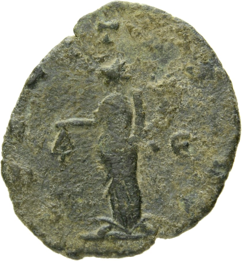 Gallienus reverse — Uberitas, draped, standing left, holding bunch of grapes in right hand and cornucopiae in left hand