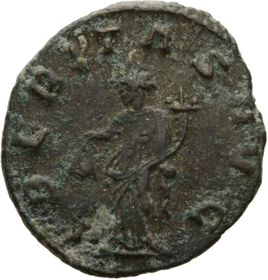 Gallienus reverse — Uberitas, draped, standing left, holding bunch of grapes in right hand and cornucopiae in left hand