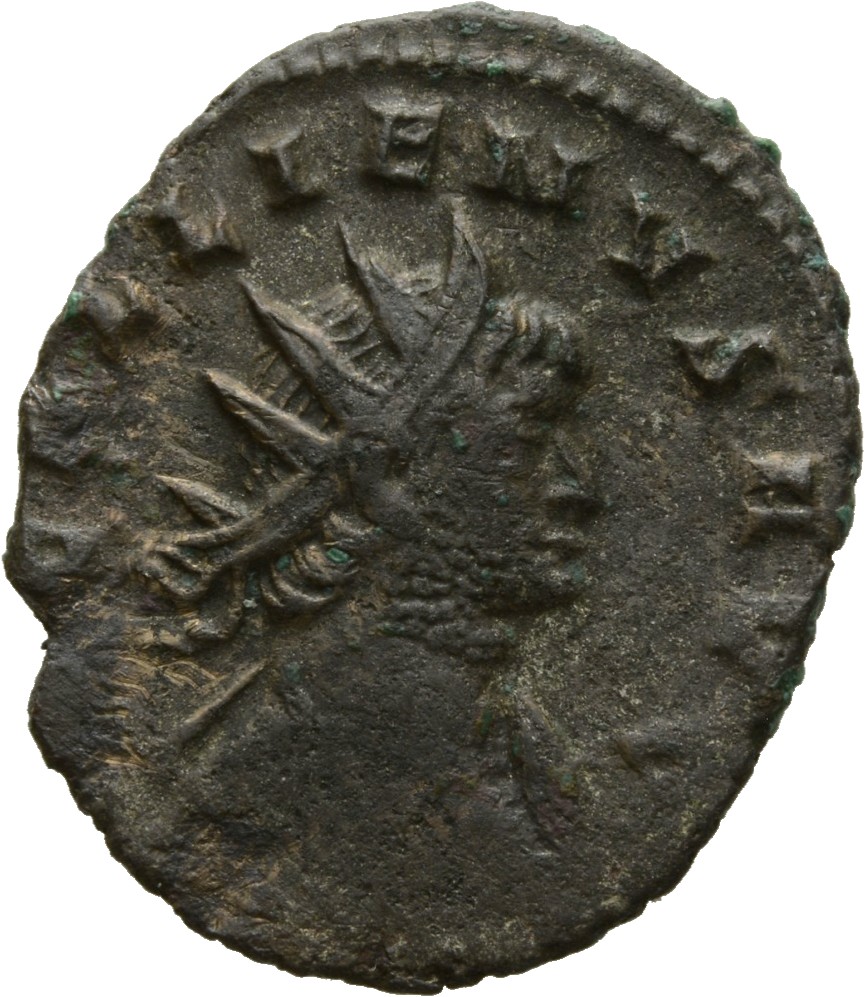 RIC V Gallienus 586f: Subtype 2 Gallienus obverse, Bust of Gallienus, radiate, cuirassed, right