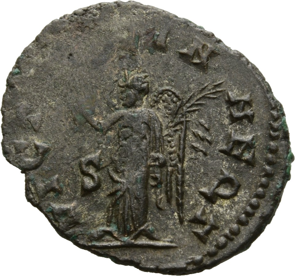 Gallienus reverse — Victory, winged, draped, standing left, holding wreath in right hand and palm in left hand