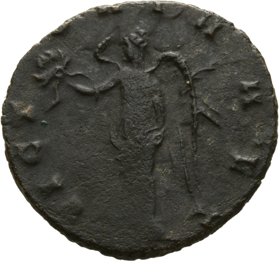 Gallienus reverse — Victory, winged, draped, standing left, holding wreath in right hand and palm in left hand