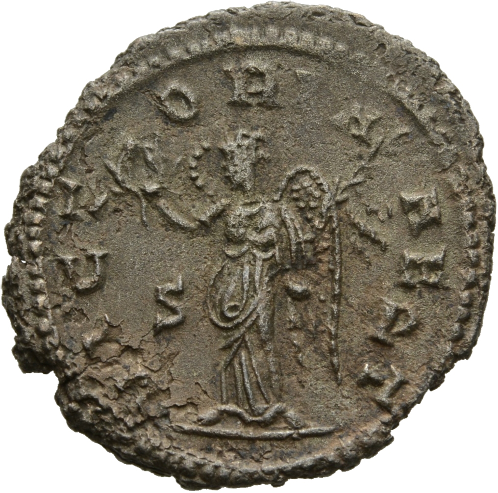 Gallienus reverse — Victory, winged, draped, standing left, holding wreath in right hand and palm in left hand
