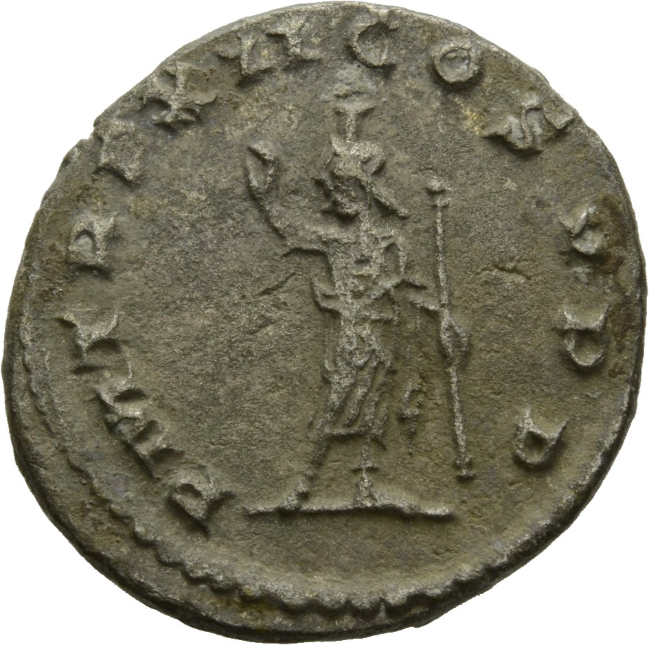 Gallienus reverse — Serapis, wearing polos on head, draped, standing left, raising right hand and holding sceptre in left hand