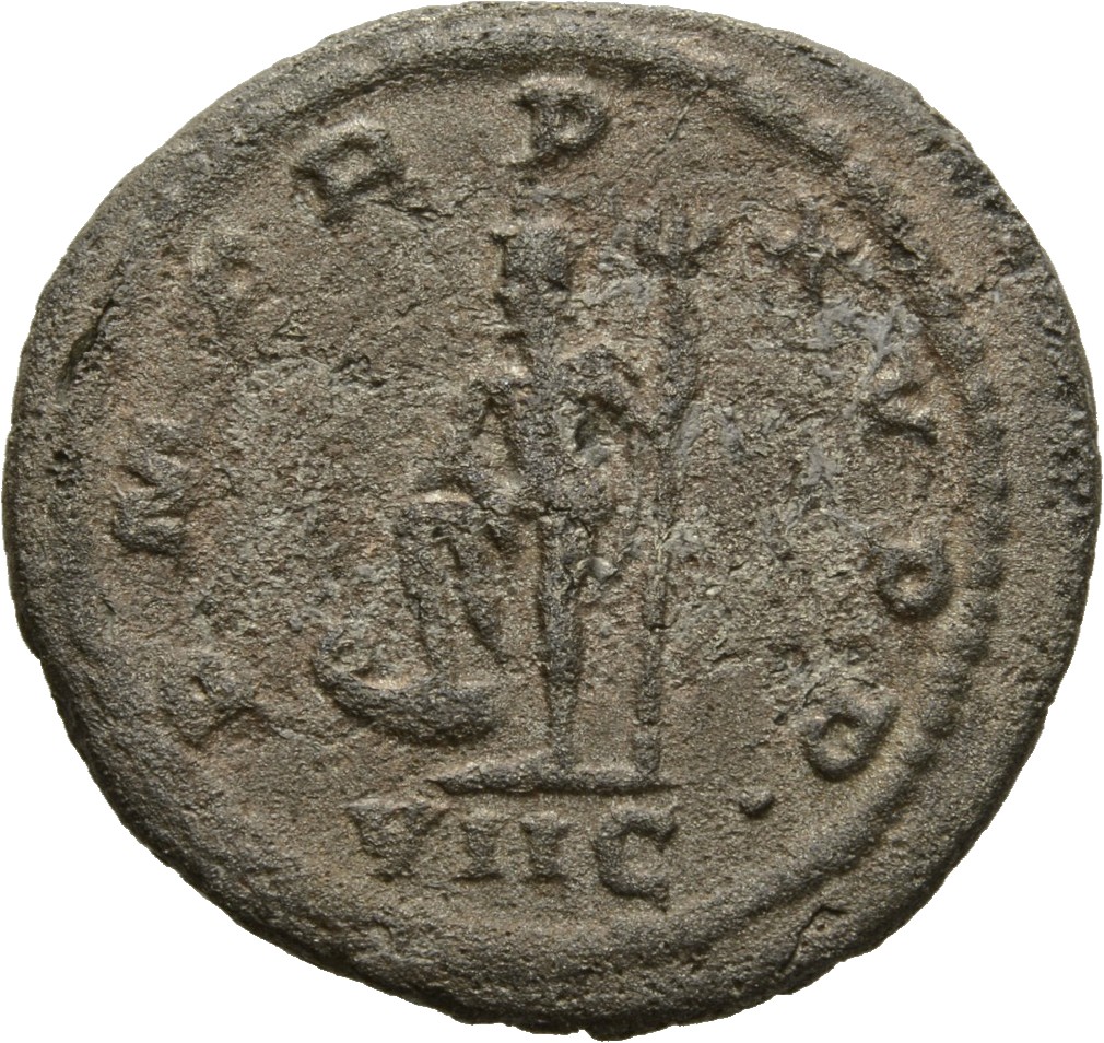 Gallienus reverse — Neptune, standing left, foot on prow, holding trident in left hand