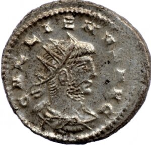 RIC V Gallienus 606 Gallienus obverse, Drapierte Büste des Gallienus, mit Strahlenkranzkrone, nach l.; im Perlkreis.