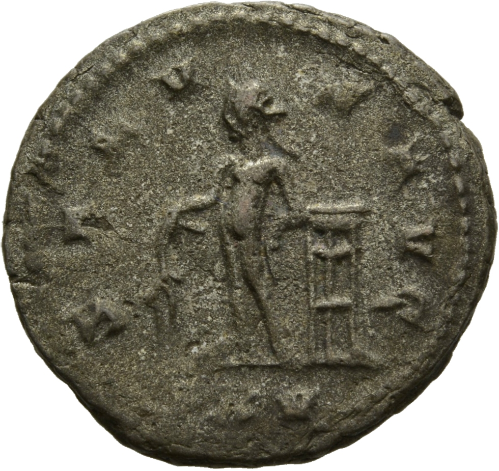 RIC V Gallienus 610f: Subtype 1 Gallienus reverse, Apollo, nude, standing left, holding laurel-branch; to right, tripod