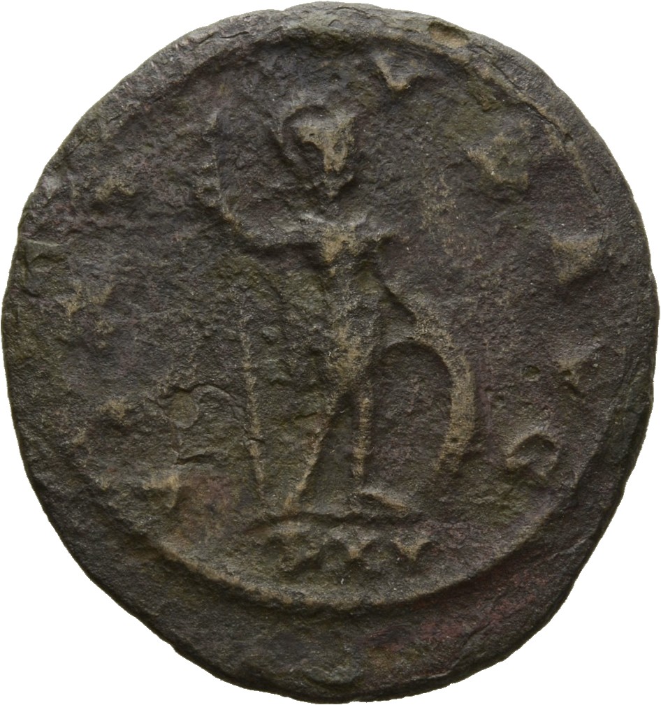 Gallienus reverse — Soldier, helmeted, in military attire, standing right, holding spear in right hand and resting left hand on shield