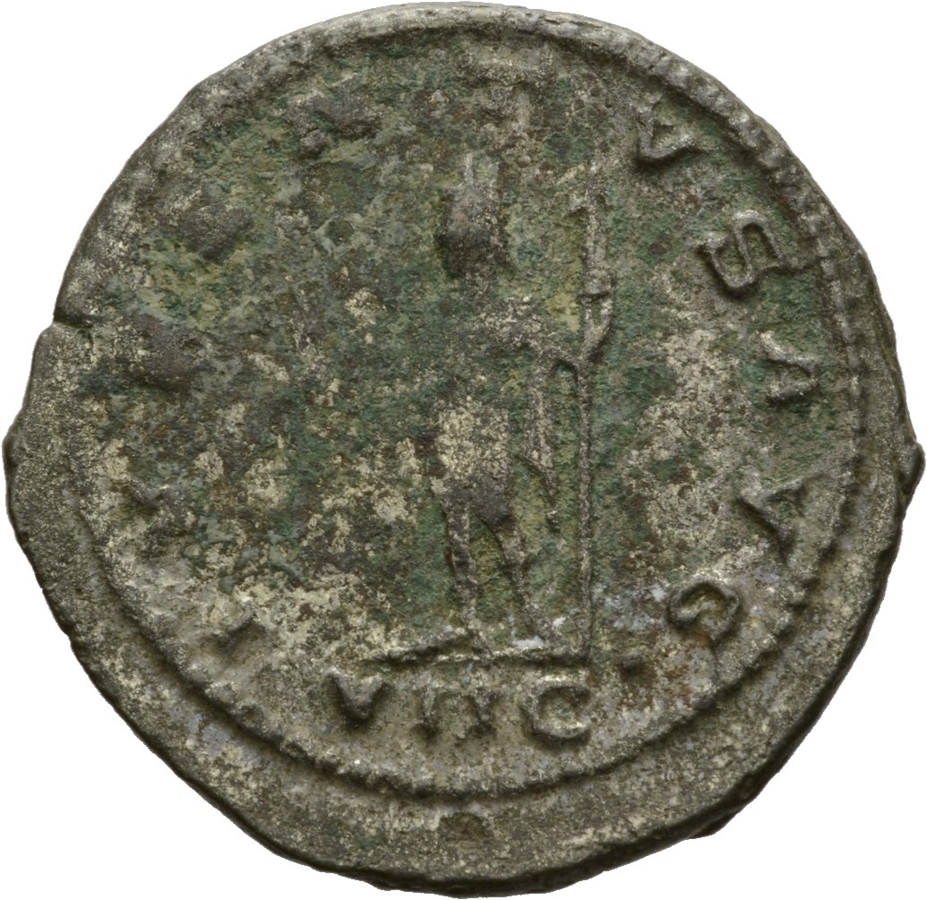 Gallienus reverse — Gallienus, standing left, holding Victory in right hand and spear in left hand