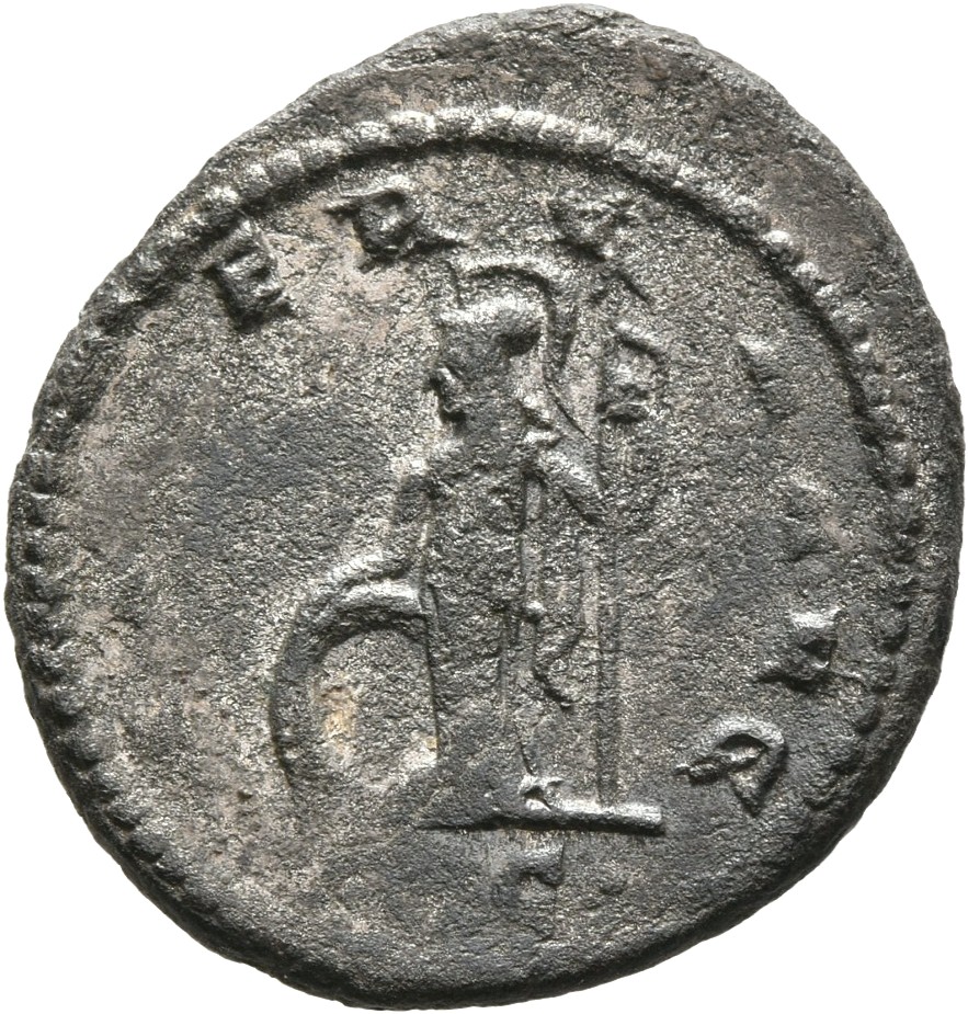 RIC V Gallienus 617a: Subtype 1 Gallienus reverse, Minerva, helemeted, draped, standing left, leaning on shield with right...