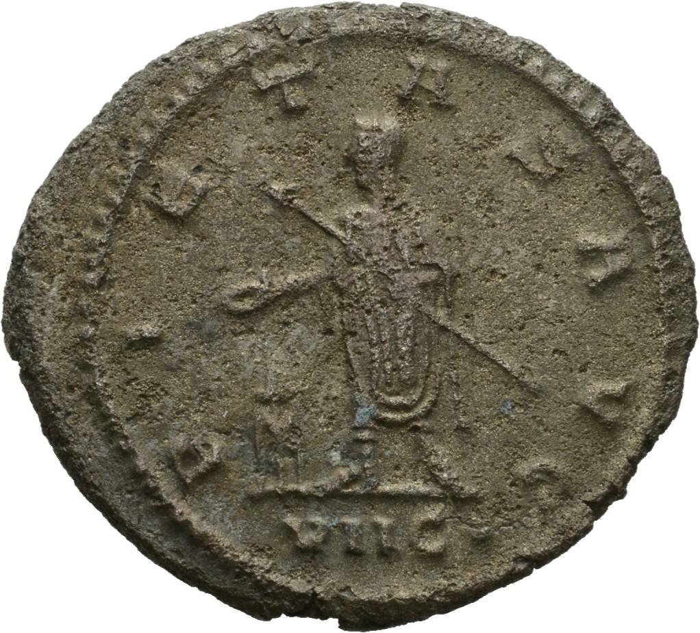 Gallienus reverse — Gallienus, togate, standing left, sacrificing out of patera held in right hand over tripod and holding spear or sceptre in left hand