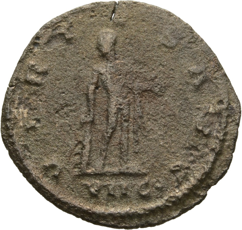 Gallienus reverse — Hercules, nude except for cloak draped over left arm, standing right, holding club in right hand and apple in left hand