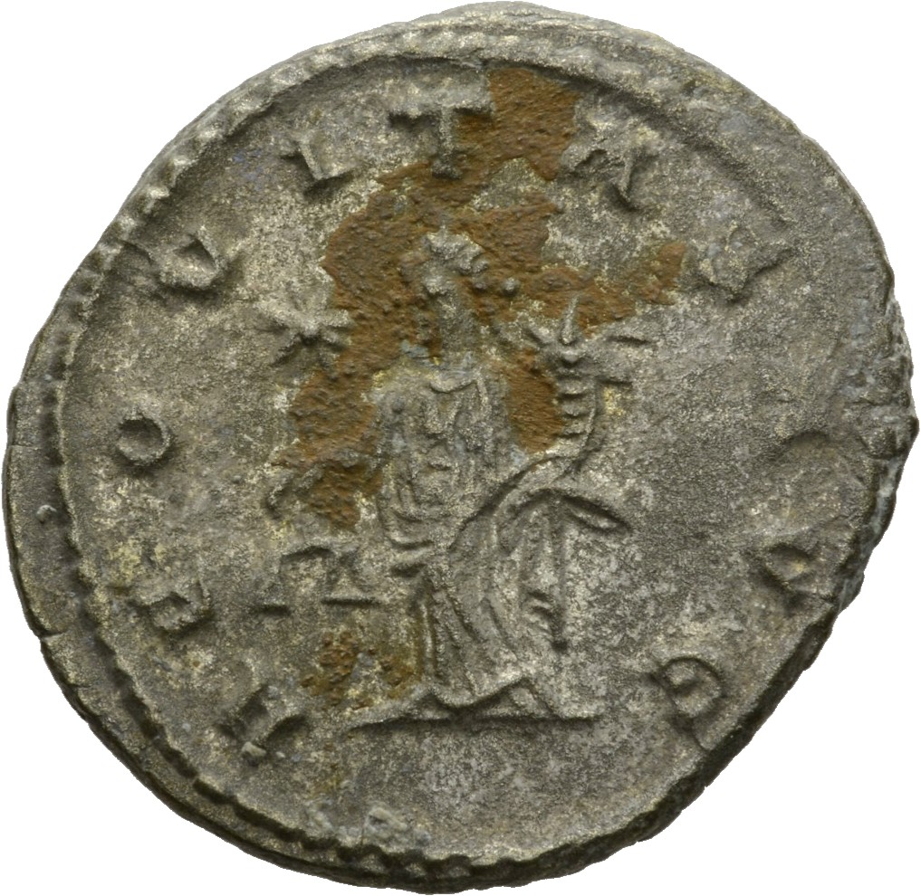 Gallienus reverse — Aequitas, draped, standing left, holding scales in right hand and cornucopiae in left hand