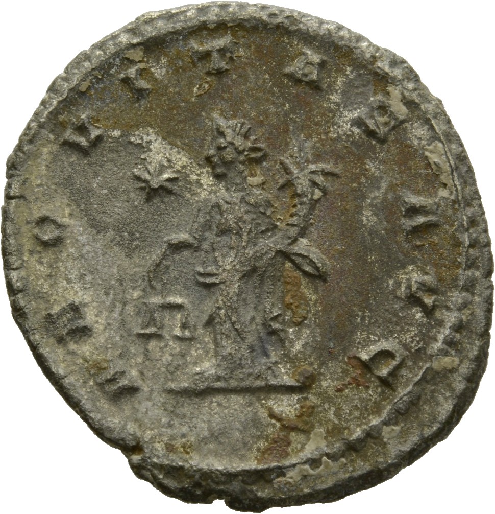 Gallienus reverse — Aequitas, draped, standing left, holding scales in right hand and cornucopiae in left hand