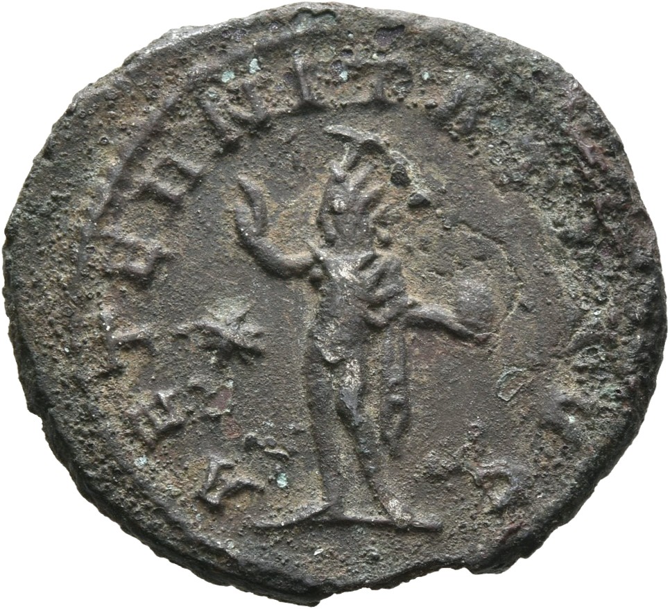 RIC V Gallienus 629: Subtype 1 Gallienus reverse, Sol, radiate, nude except for cloak draped over shoulders, standing left...