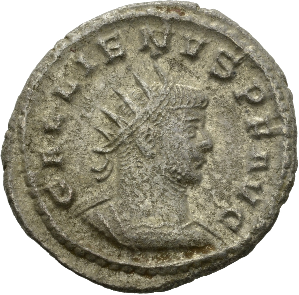 Gallienus obverse — Bust of Gallienus, radiate, cuirassed, right