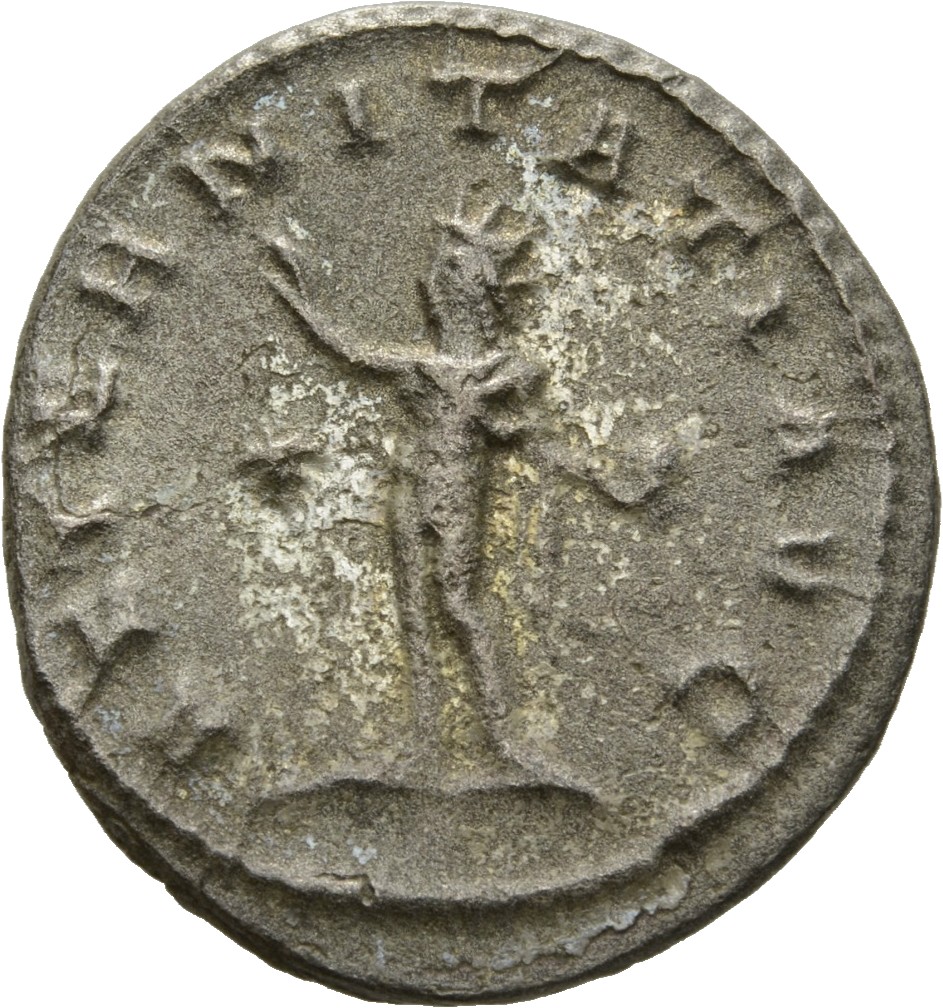 Gallienus reverse — Sol, radiate, nude except for cloak draped over shoulders, standing left, raising right hand and holding globe in left hand