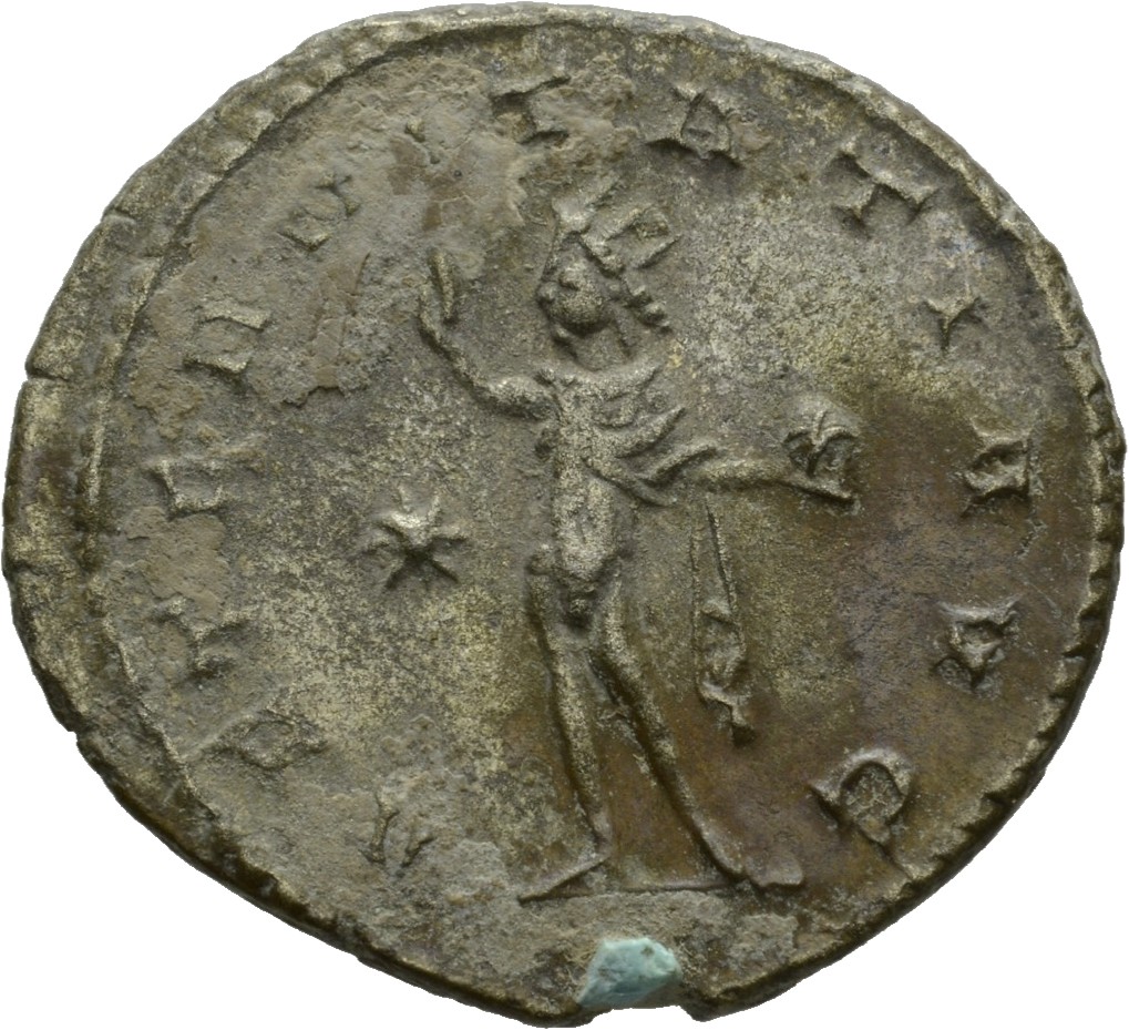 Gallienus reverse — Sol, radiate, nude except for cloak draped over shoulders, standing left, raising right hand and holding globe in left hand