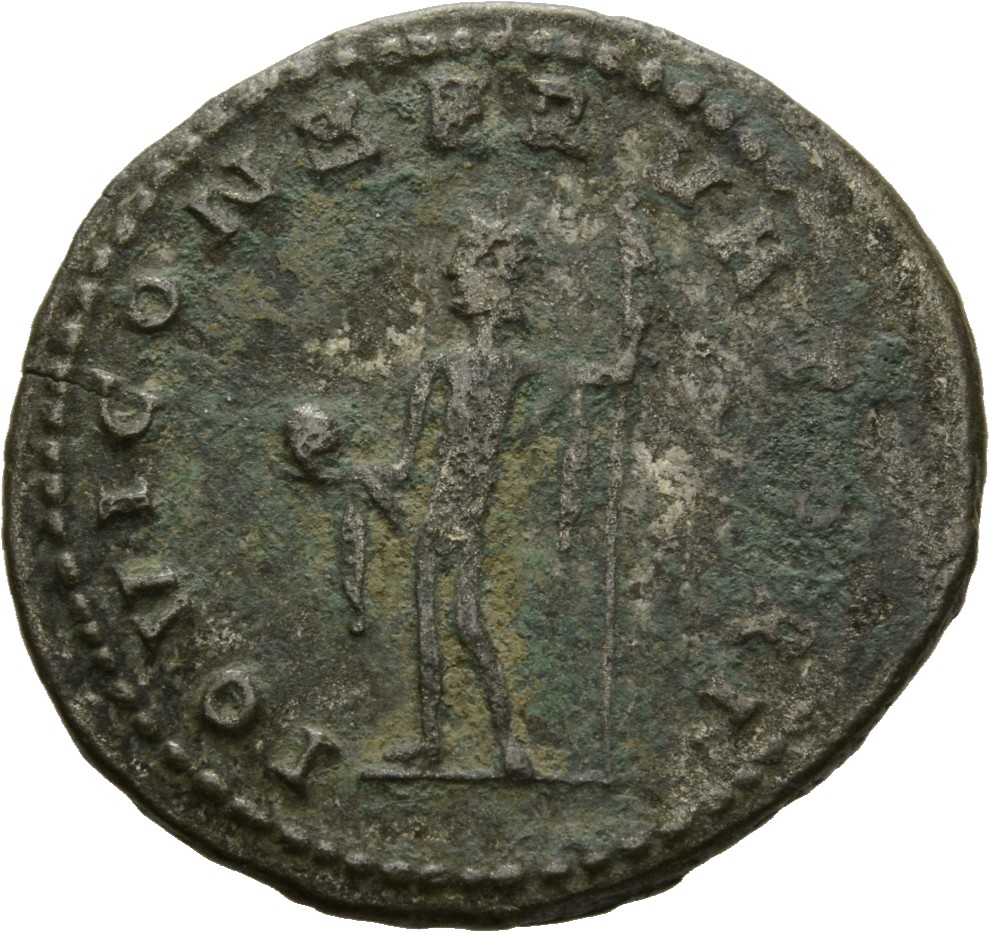Gallienus reverse — Jupiter, standing left, holding globe in right hand and sceptre in left hand