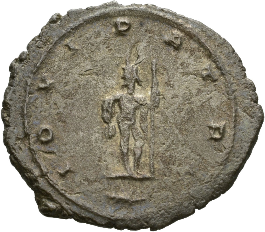 Gallienus reverse — Jupiter, standing right, head left, holding thunderbolt in right hand and sceptre in left hand