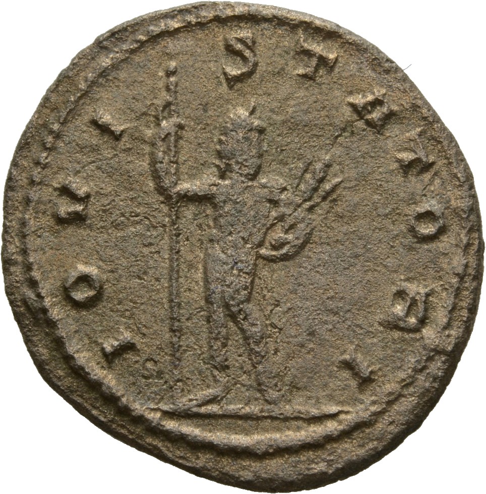 RIC V Gallienus 644: Subtype 1 Gallienus reverse, Jupiter, nude, standing, holding spear in right hand and winged thunderb...
