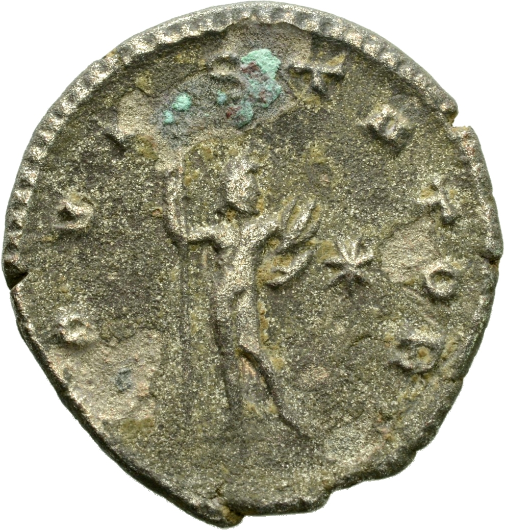 RIC V Gallienus 644: Subtype 2 Gallienus reverse, Jupiter, nude, standing, holding spear in right hand and winged thunderb...