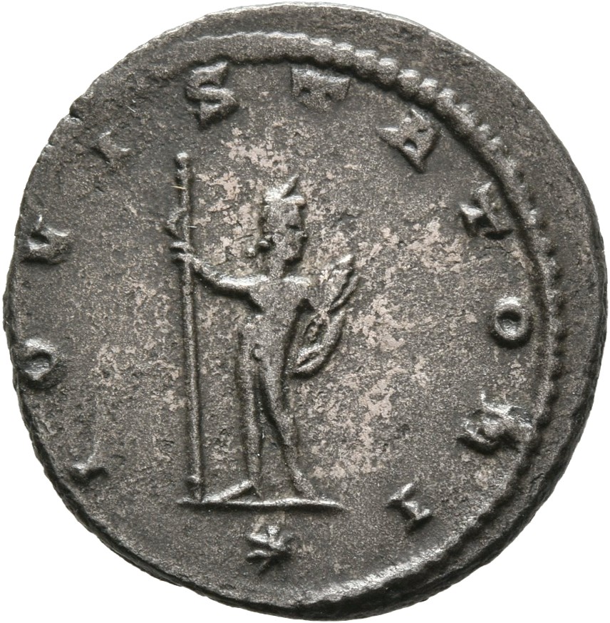 RIC V Gallienus 645 Gallienus reverse, Jupiter, nude, standing, holding spear in right hand and winged thunderbolt in left...