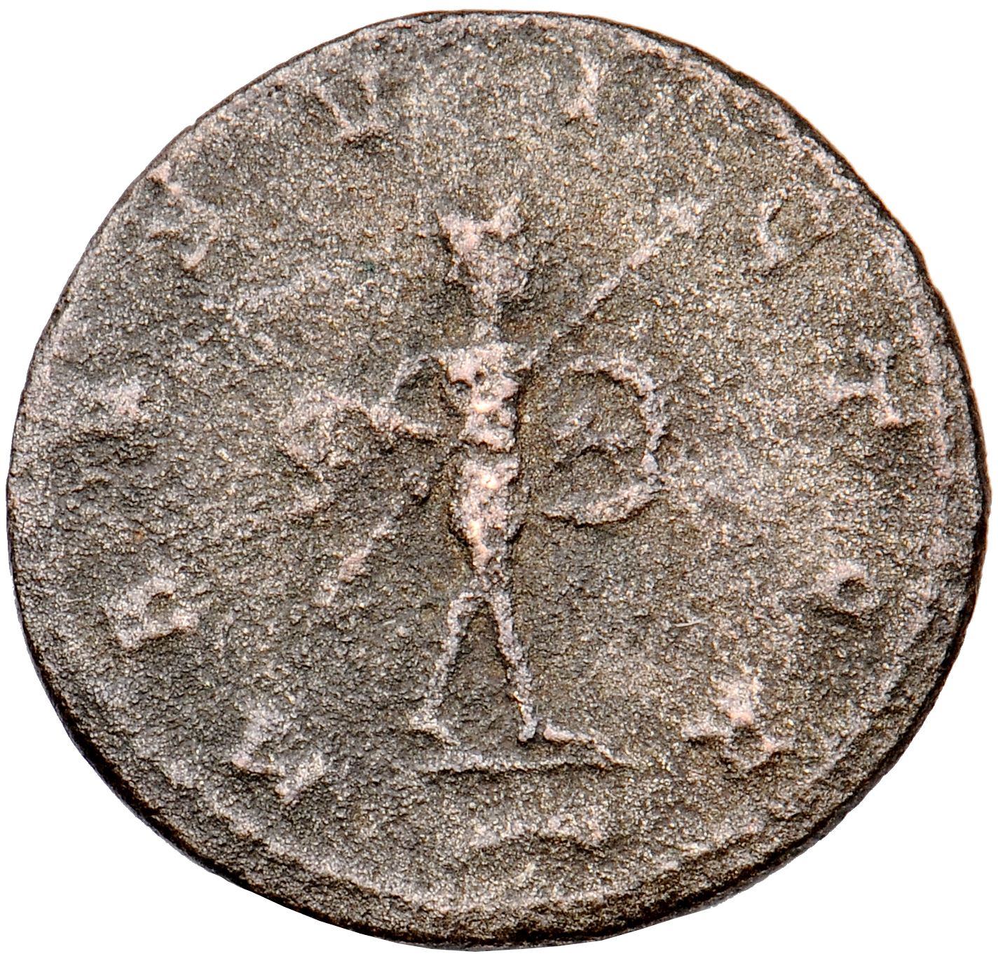 RIC V Gallienus 649 Gallienus reverse, Mars, nude except for flowing cloak, walking right, holding spear in right hand and...