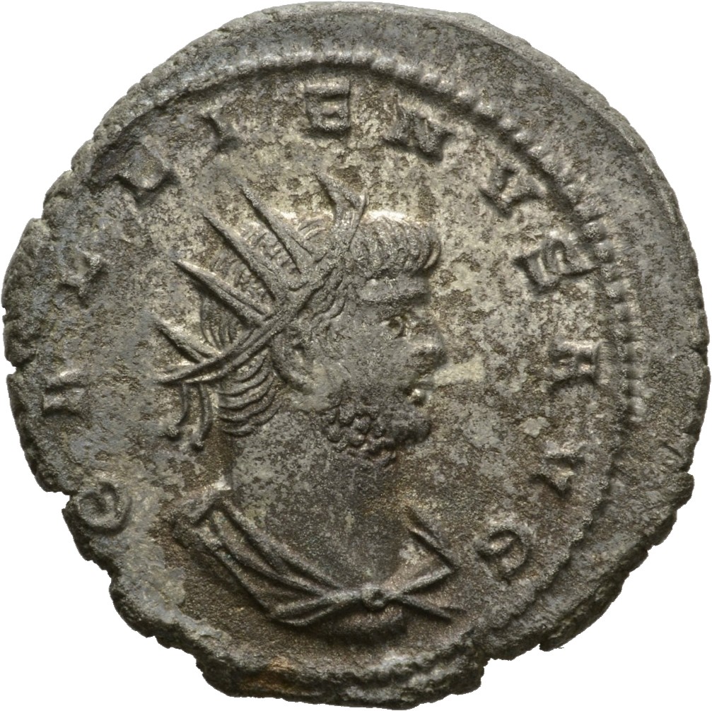 Gallienus obverse — Bust of Gallienus, radiate, draped, cuirassed, right