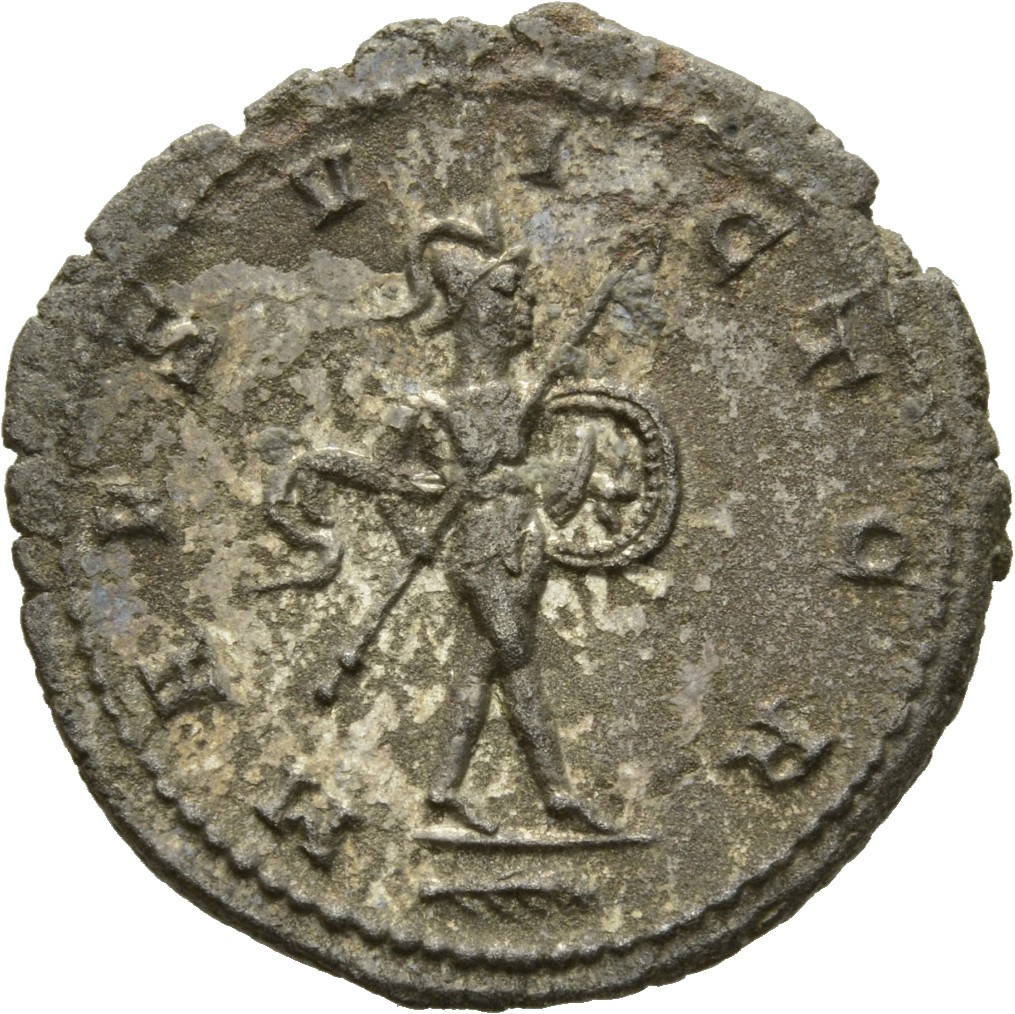 Gallienus reverse — Mars, nude except for flowing cloak, walking right, holding spear in right hand and shield in left hand