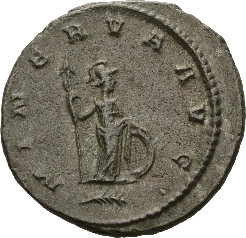 RIC V Gallienus 651f: Subtype 2 Gallienus reverse, Minerva, helmeted, draped, standing right or left, with spear and shield