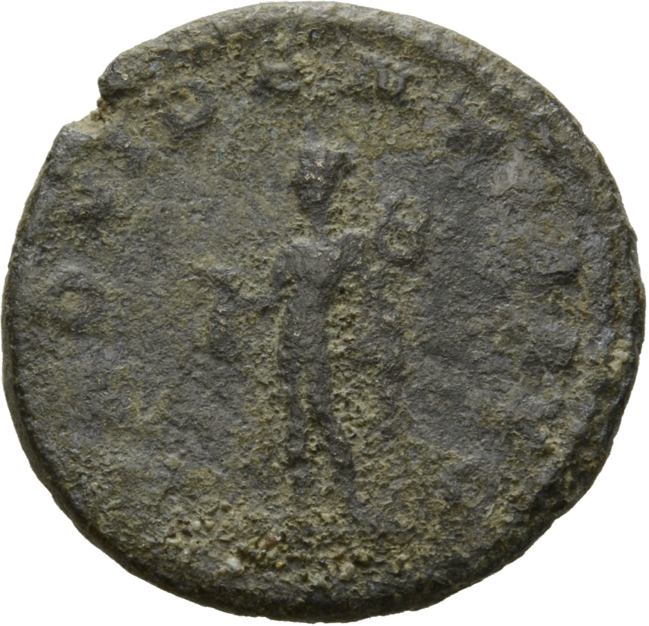 Gallienus reverse — Mercury, nude except for cloak draped over left arm, standing left, holding purse in right hand and caduceus in left hand