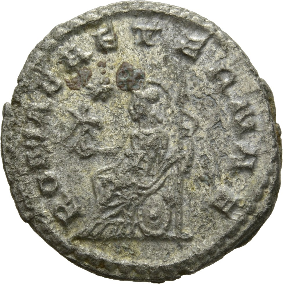 Gallienus reverse — Roma, helmeted, draped, seated left on shield, holding Victory in right hand and spear in left hand