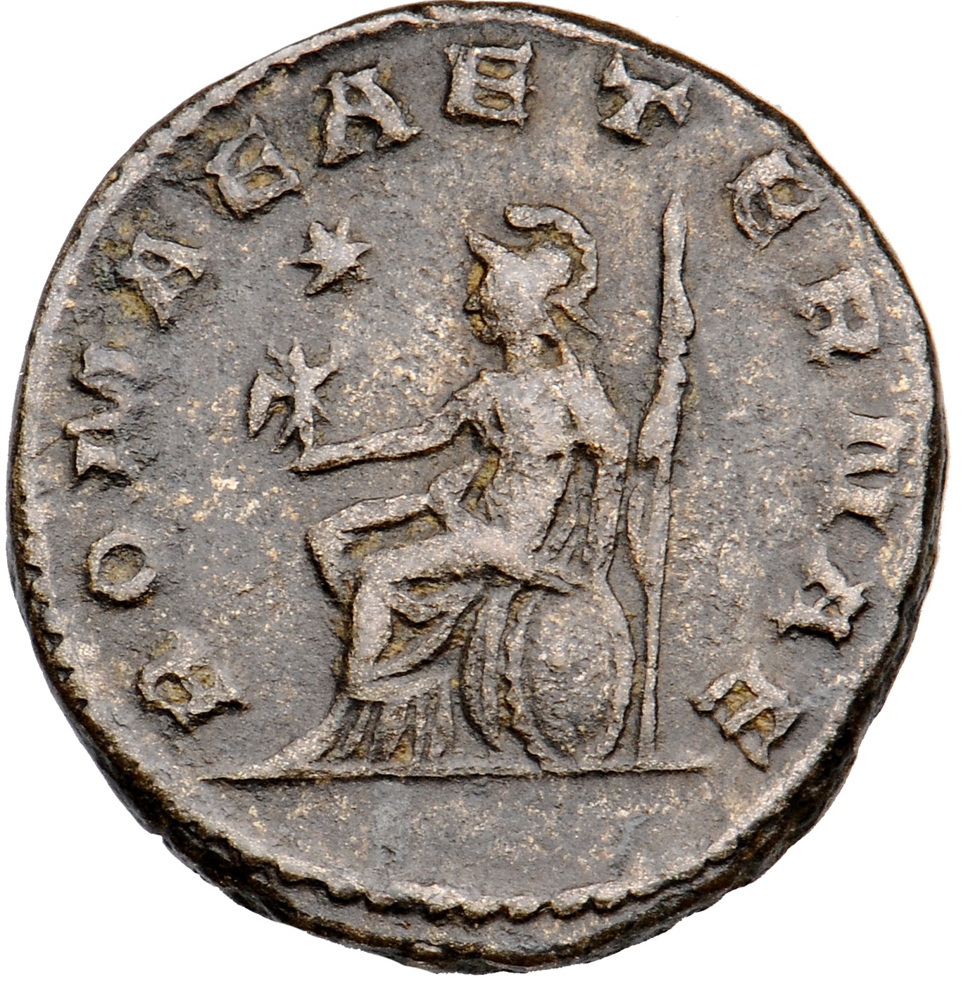 RIC V Gallienus 655aB: Subtype 2 Gallienus reverse, Roma, helmeted, draped, seated left on shield, holding Victory in righ...