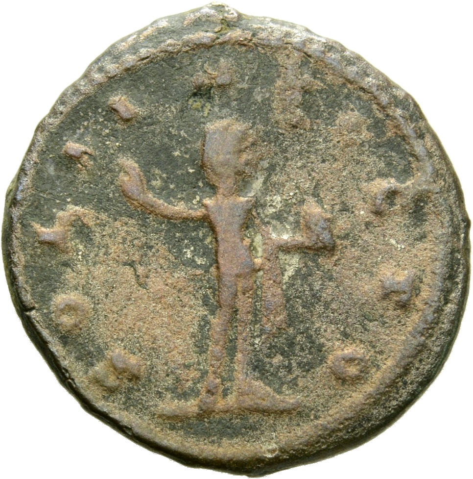 Gallienus reverse — Sol, nude except for cloak draped over shoulders, radiate, standing left, holding whip