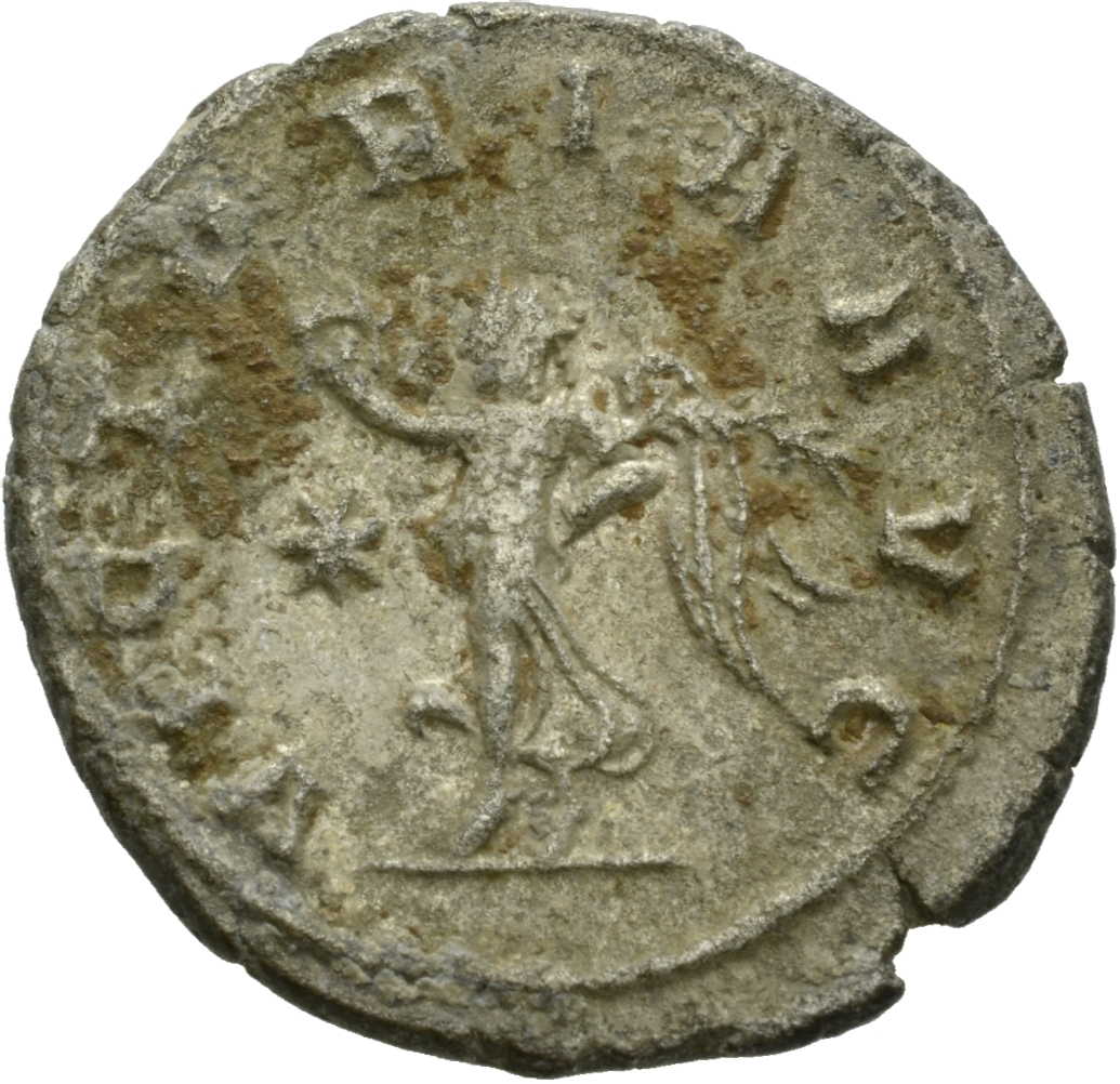RIC V Gallienus 662f: Subtype 1 Gallienus reverse, Victory, winged, draped, standing or walking left, holding wreath in ri...