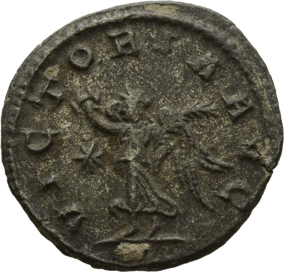 Gallienus reverse — Victory, winged, draped, standing or walking left, holding wreath in right hand and palm in left hand
