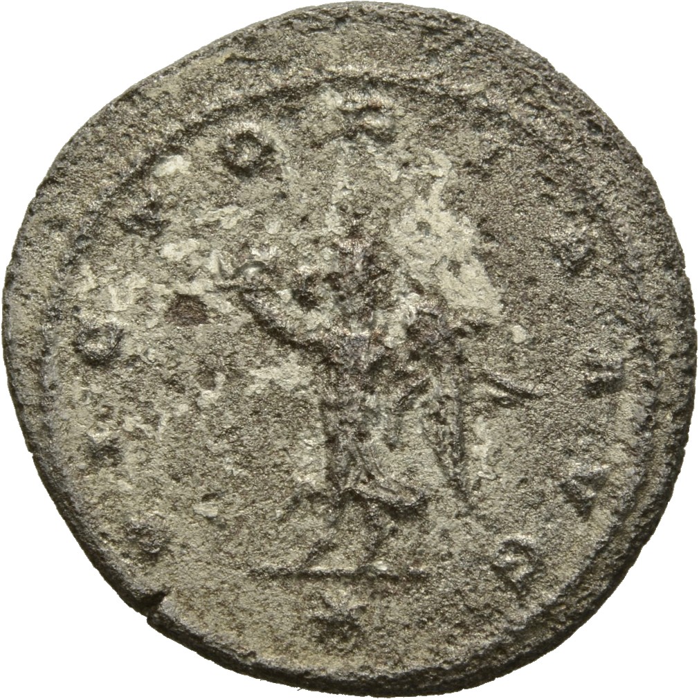 Gallienus reverse — Victory, winged, draped, standing or walking left, holding wreath in right hand and palm in left hand