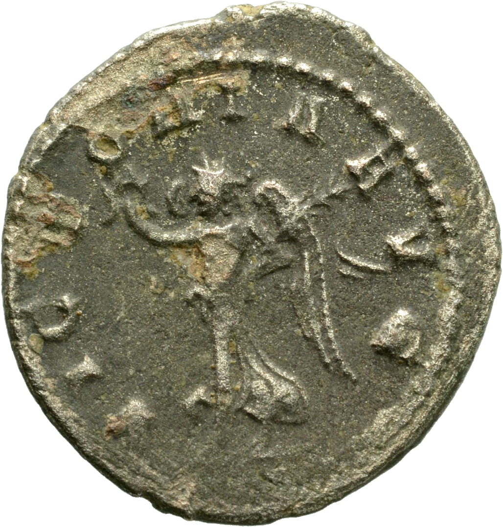 Gallienus reverse — Victory, winged, draped, standing or walking left, holding wreath in right hand and palm in left hand