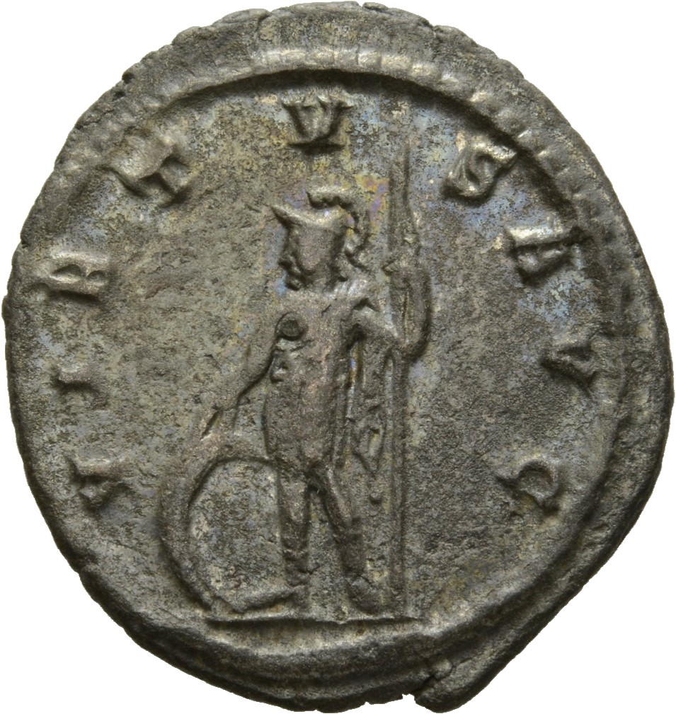 Gallienus reverse — Soldier, helmeted, in military attire, standing left, holding shield in right hand and spear in left hand