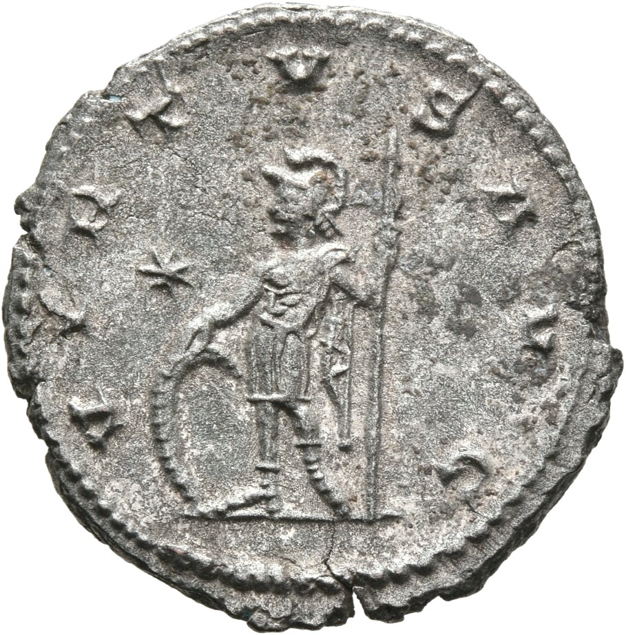 RIC V Gallienus 667: Subtype 2 Gallienus reverse, Soldier, helmeted, in military attire, standing left, holding shield in ...