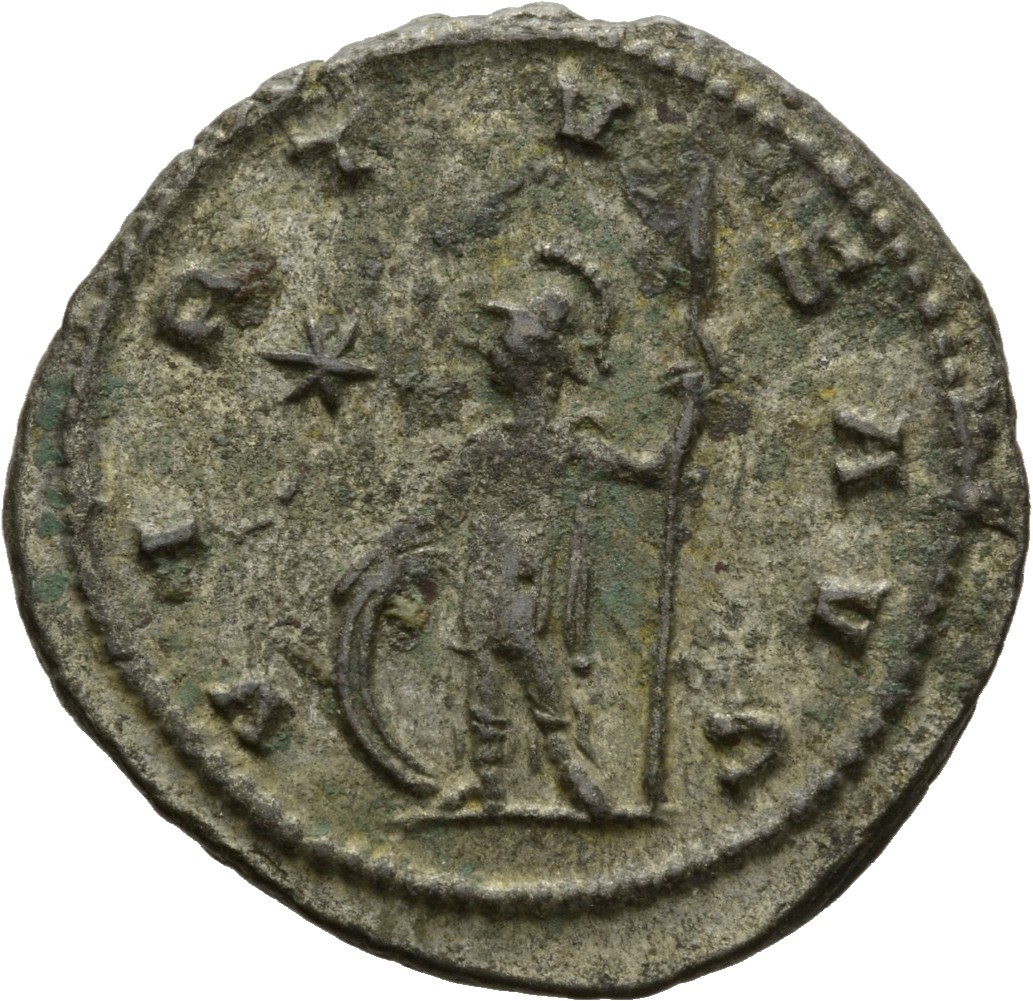 Gallienus reverse — Soldier, helmeted, in military attire, standing left, holding shield in right hand and spear in left hand