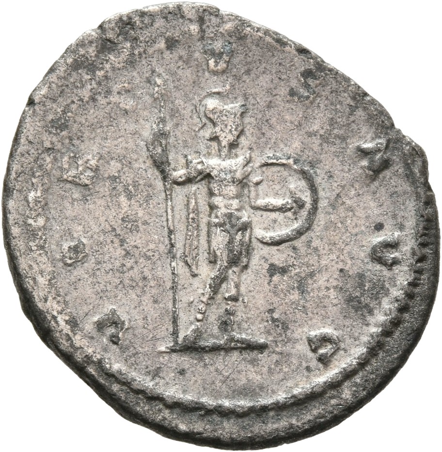 RIC V Gallienus 669f Gallienus reverse, Soldier, helmeted, in military attire, standing or walking right, holding spear in...