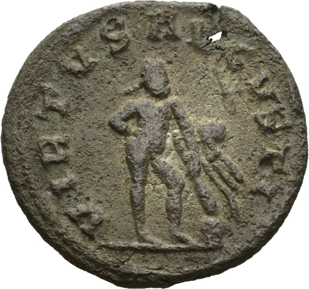 Gallienus reverse — Hercules, standing right, holding club in right hand and lion-skin in left hand