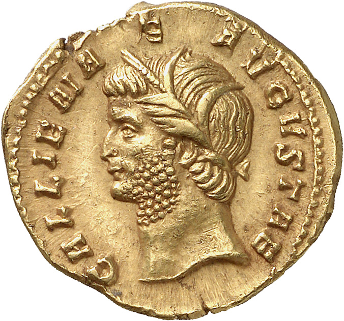 RIC V Gallienus 74 Gallienus obverse, Head of Gallienus, crowned with reeds, left
