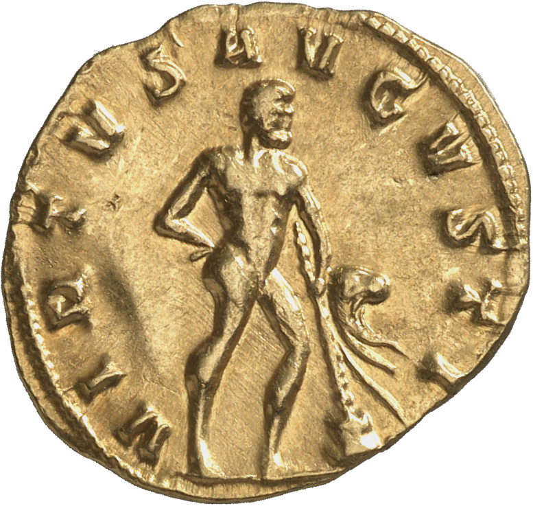RIC V Gallienus 91 Gallienus reverse, Hercules, standing right, holding club on rock and lion-skin